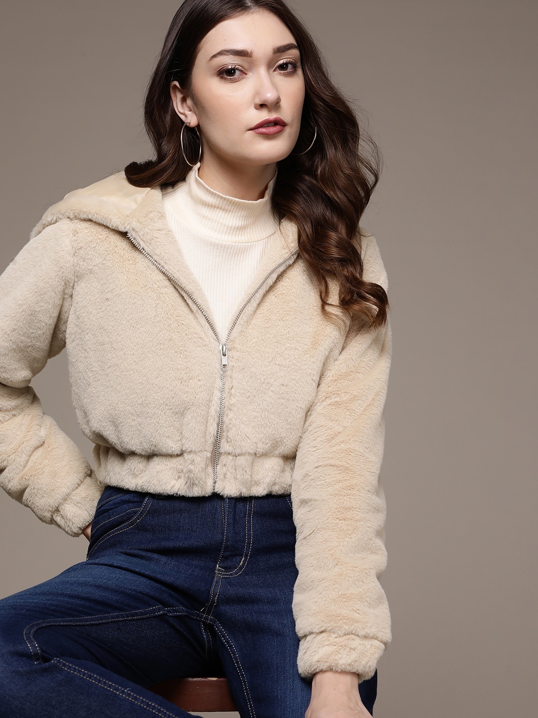 

bebe Women Beige All Day Crop Bomber Jacket