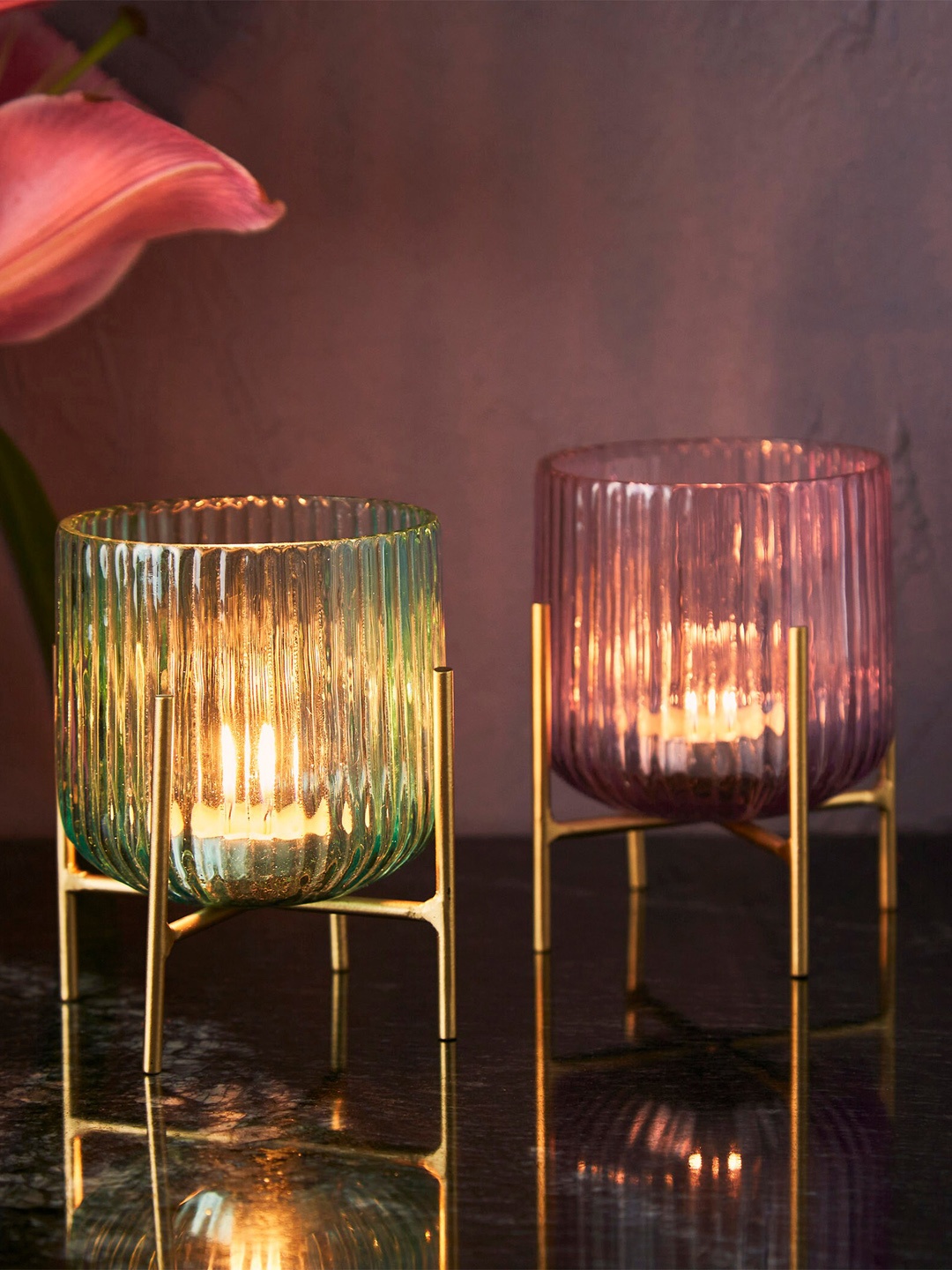 

Home Centre Set Of 2 Solid Candle Holders With Metal Stand, Purple