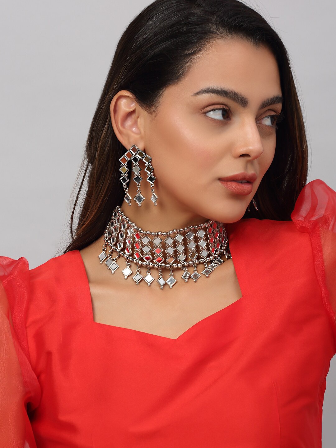 

Yellow Chimes Oxidised Silver-Plated Mirror Antique Jewellery Set
