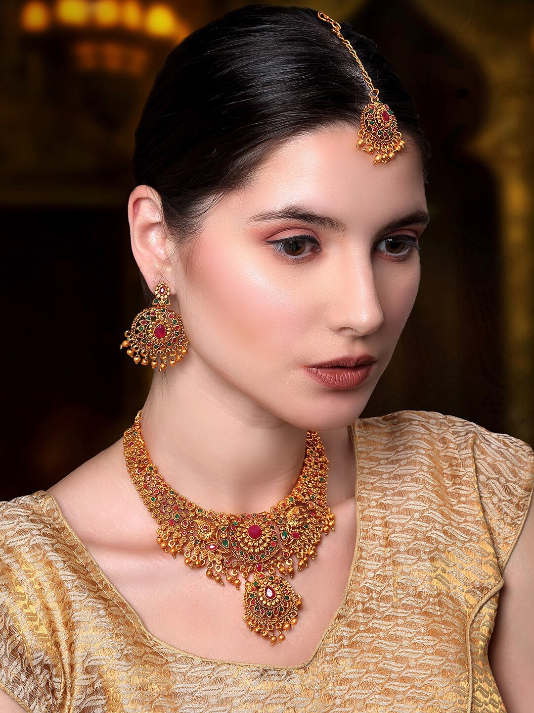 

Yellow Chimes Gold-Plated Red Beaded Temple Jewellery Set