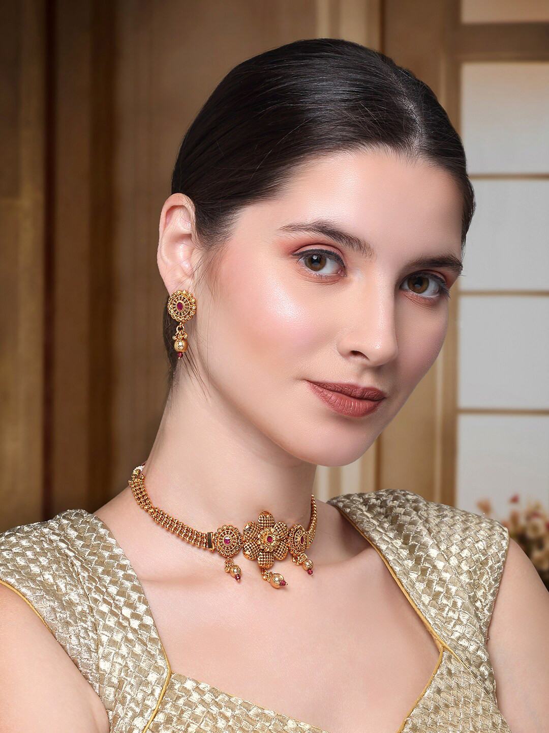 

Yellow Chimes Gold-Plated Pink Pearl-Studded Choker Jewellery Set