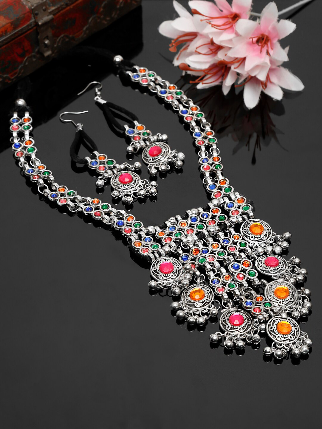 

Yellow Chimes Oxidised Silver-Plated Green Multilayer charmed Jewellery set