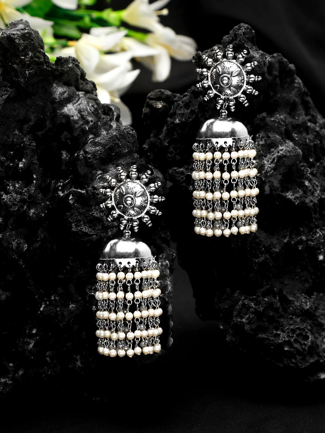 

Yellow Chimes Silver-Plated Whit Pearl Contemporary Jhumkas Earrings, White