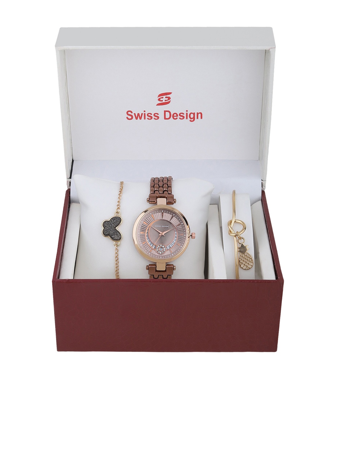 

Swiss Design Women Gold-Toned & Brown Solid Metal Watch & Jewellery Gift Set