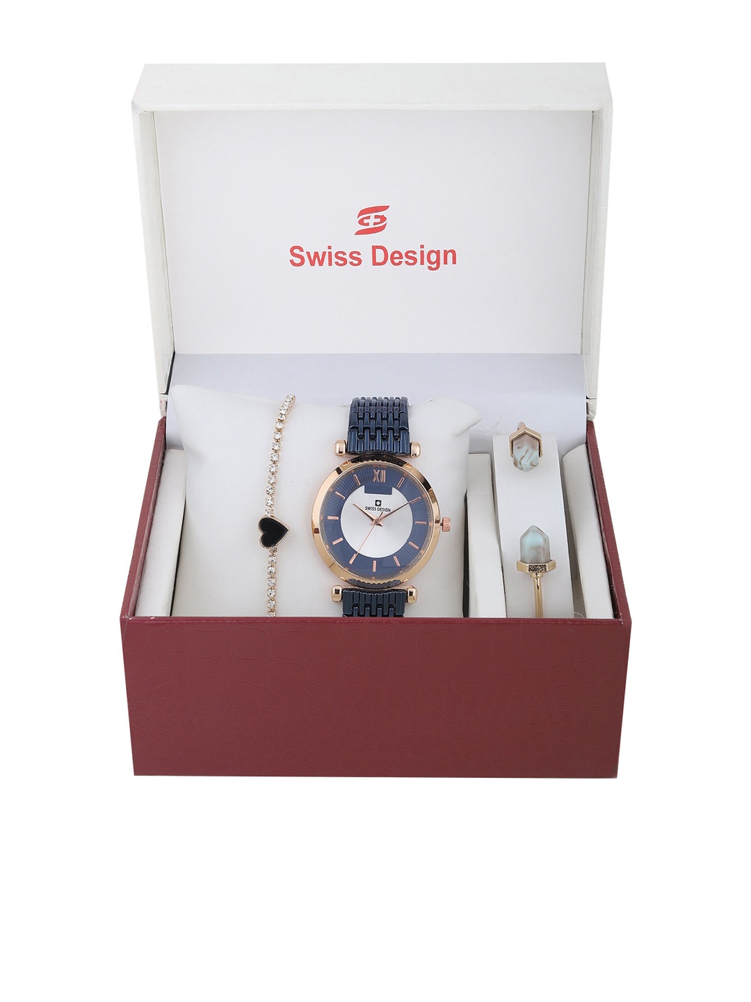 

Swiss Design Women Blue & Gold-Toned Watch With Bracelets Gift Set