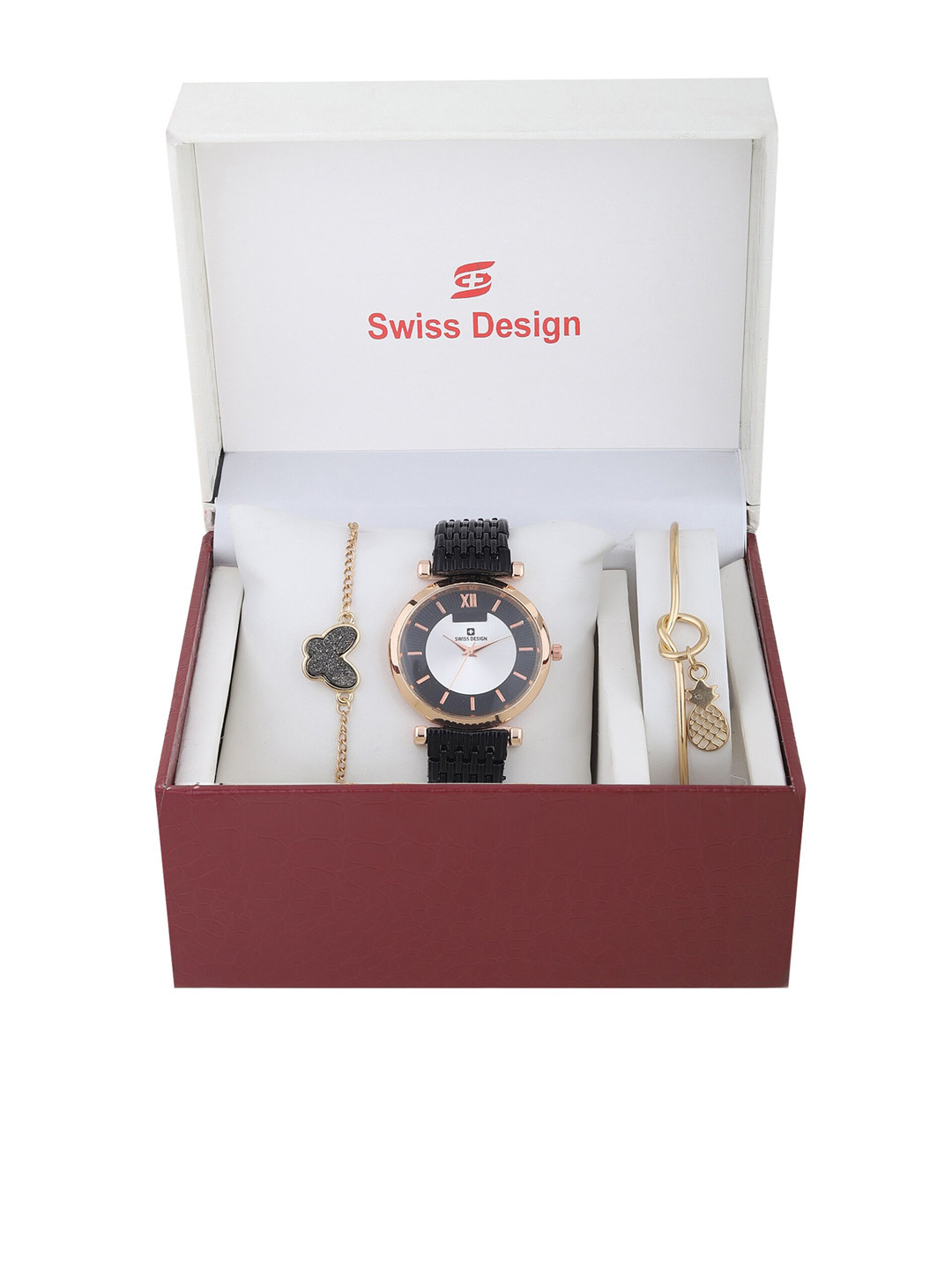 

Swiss Design Women Black & Gold-Toned Watch With Bracelets Gift Set
