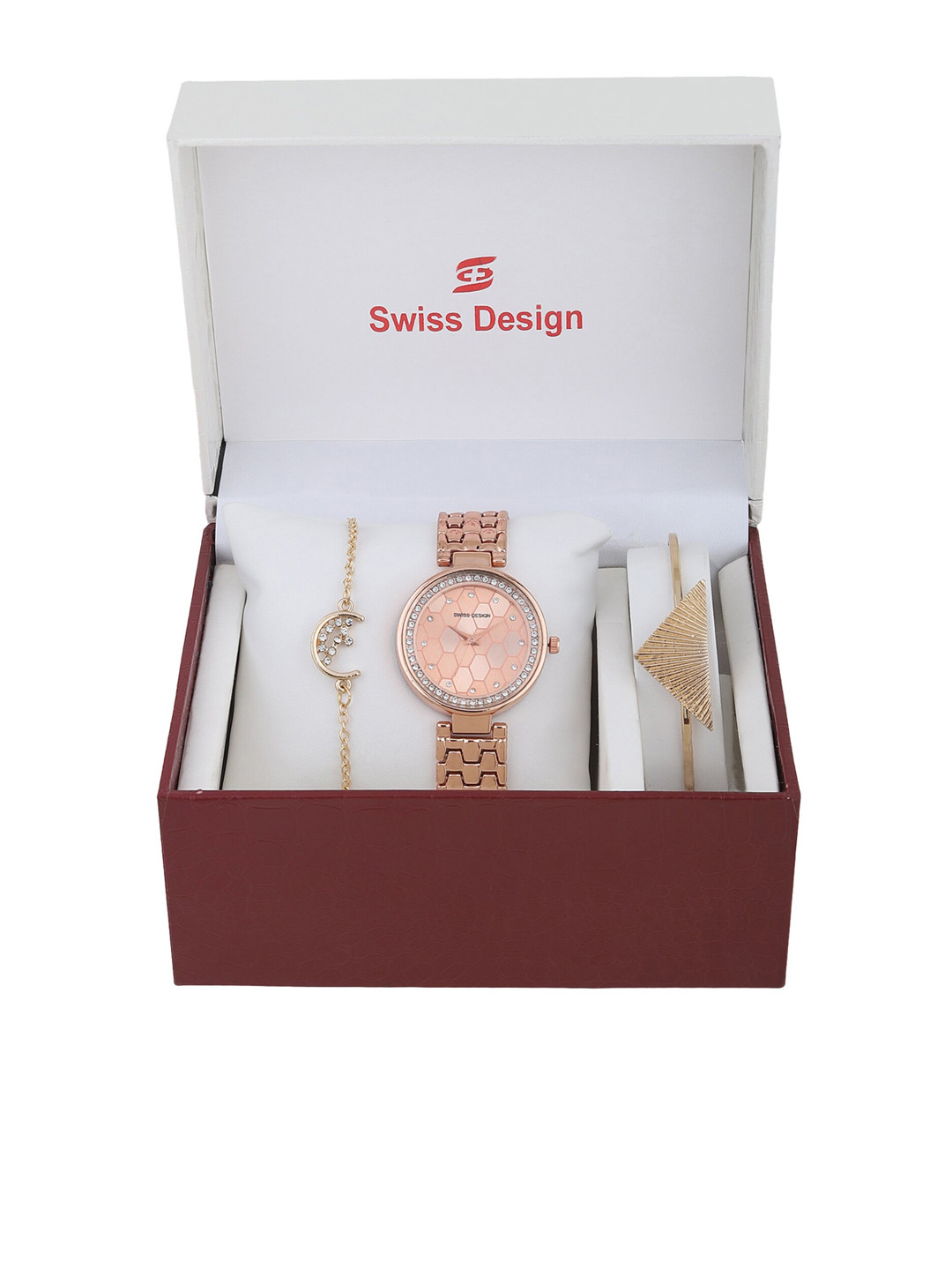 

Swiss Design Women Rose-Coloured & Gold-Toned Watch With Bracelets Gift Set