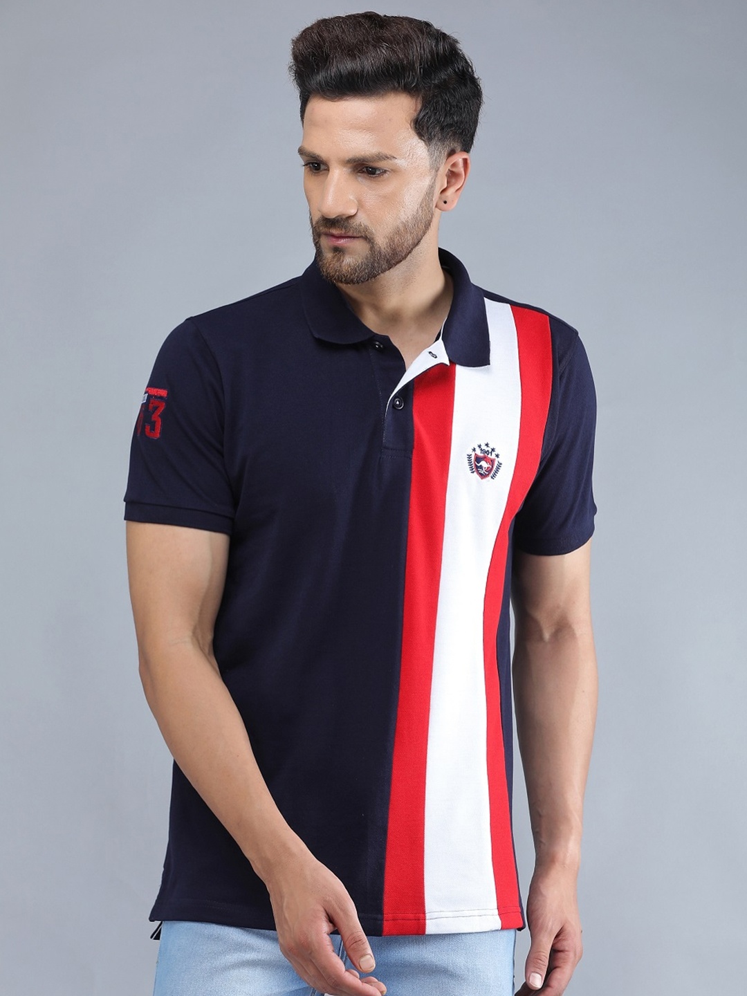 

TQS Men Navy Blue & White Colourblocked Polo Collar Slim Fit T-shirt