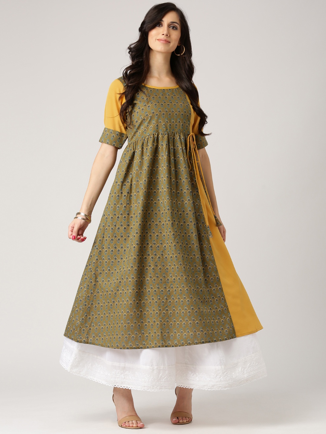 

Libas Women Olive Green & Mustard Yellow Printed A-Line Kurta