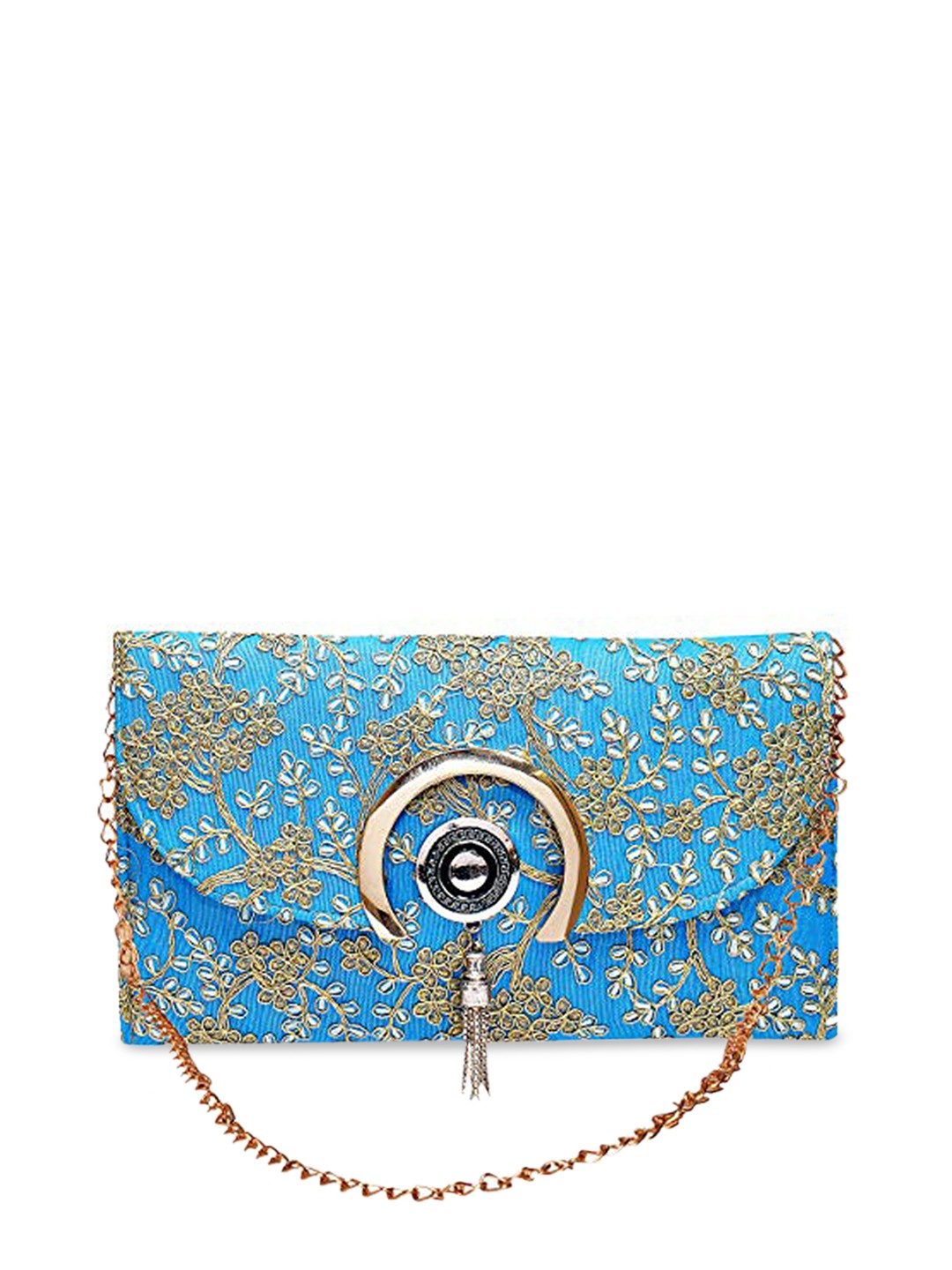 

DN Creation Blue Printed Structured Sling Bag with Tasselled