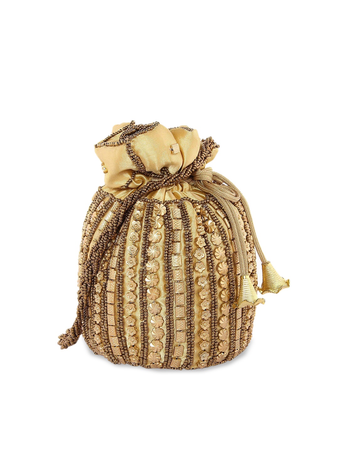 

DN Creation Gold-Toned Embellished PU Bucket Handheld Bag with Cut Work