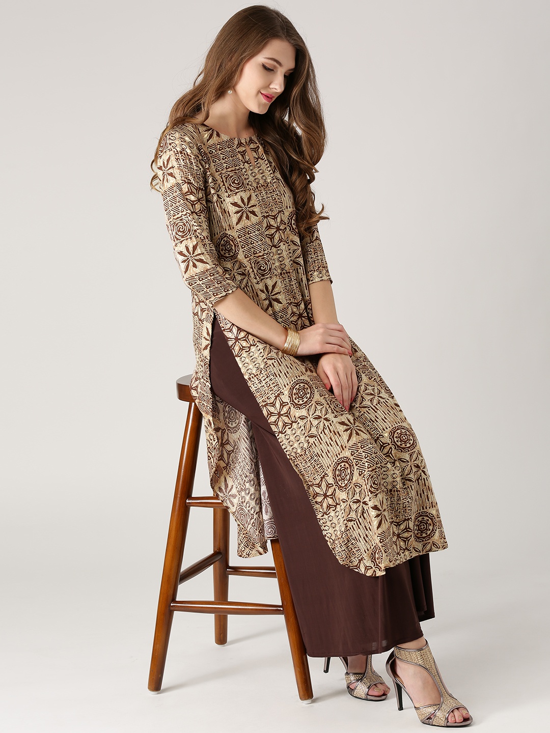 

Libas Women Beige & Brown Printed Straight Kurta