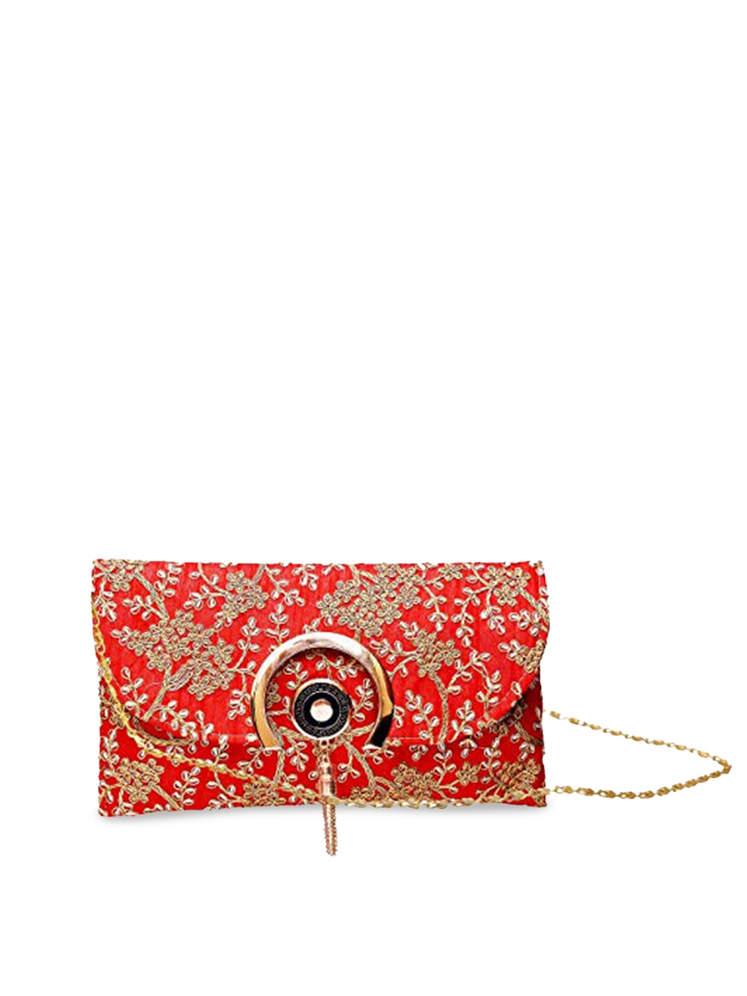 

DN Creation Red Printed Structured Sling Bag with Tasselled