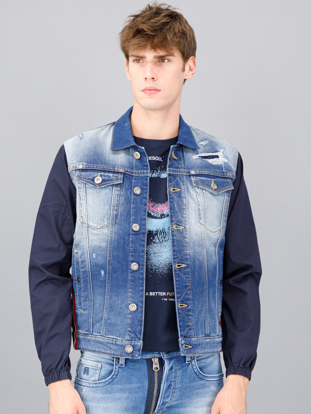 

FREESOUL Men Blue Washed Crop Denim Jacket