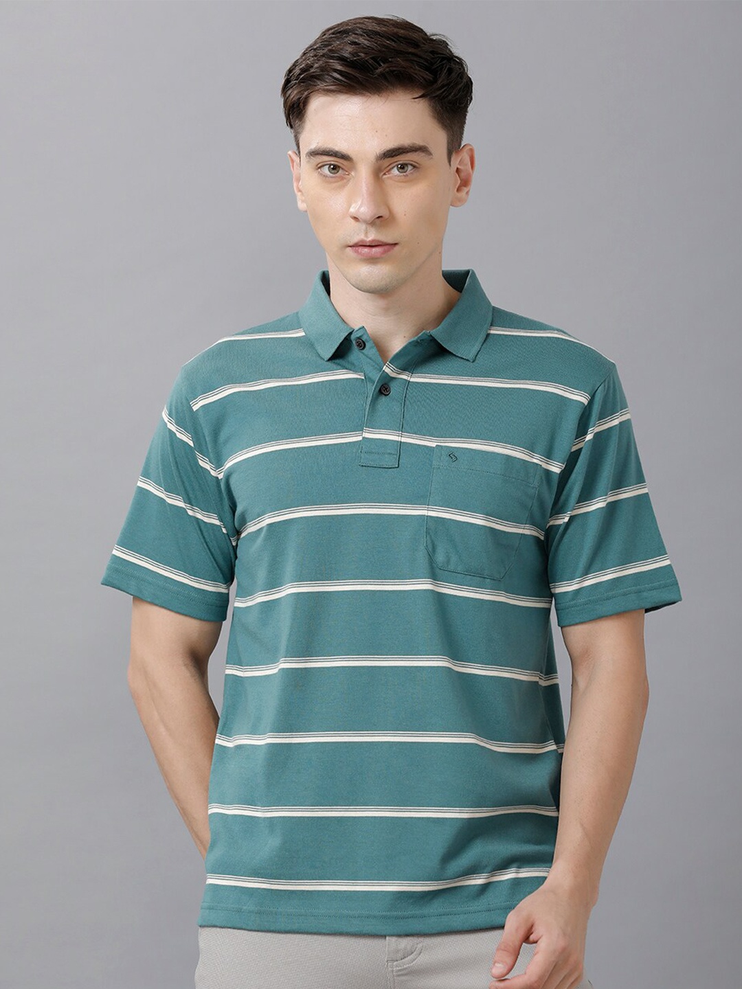 

Classic Polo Men Turquoise Blue & Off White Striped Polo Collar Cotton T-shirt