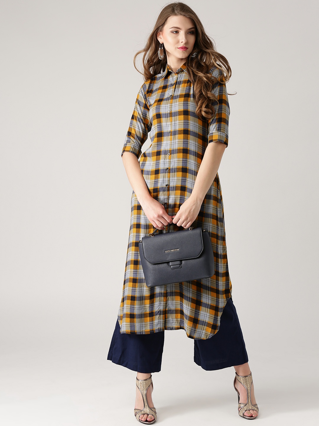 

Libas Women Mustard Yellow & Grey Checked Pathani Kurta