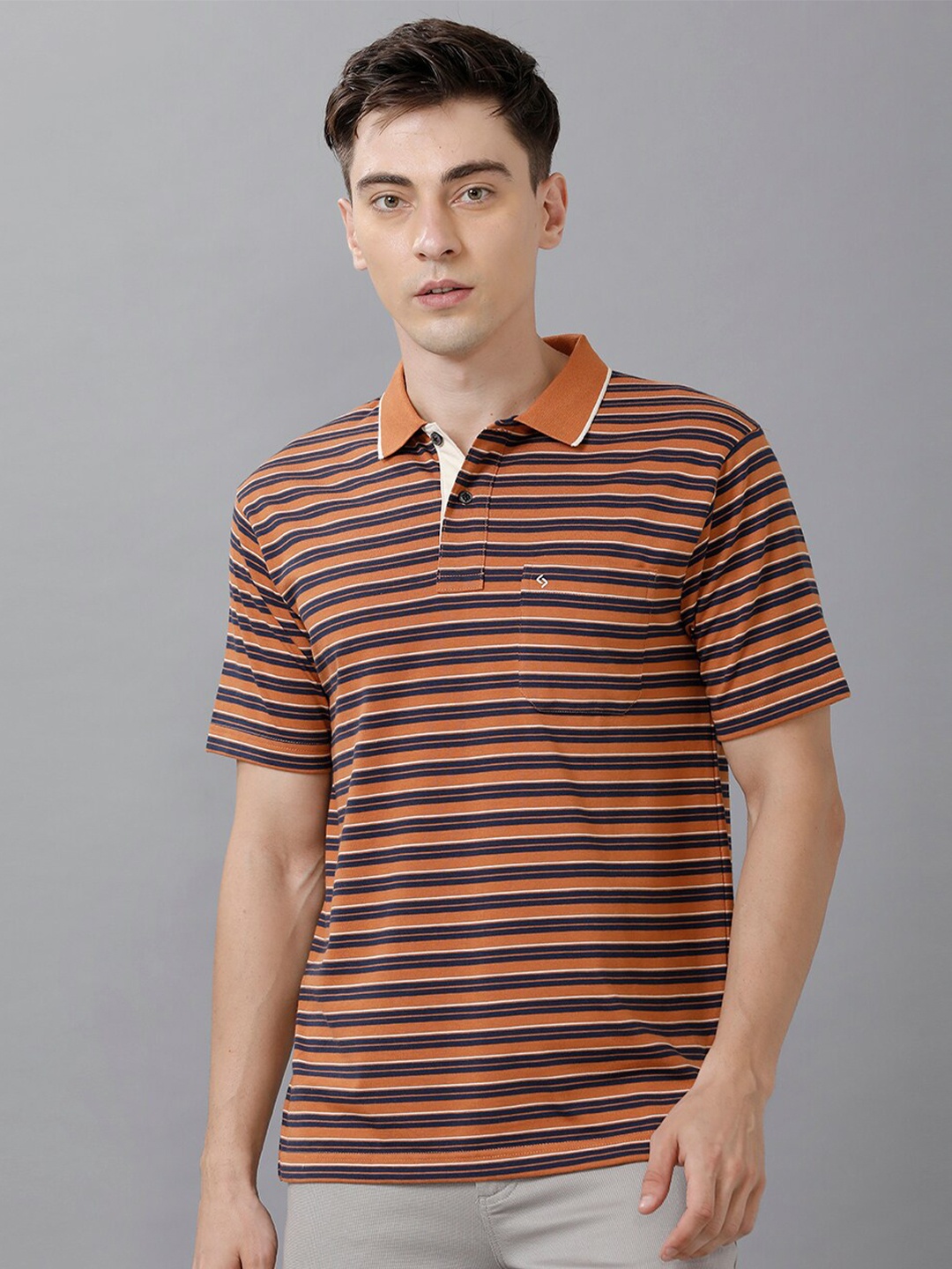 

Classic Polo Men Orange Striped Polo Collar Cotton T-shirt