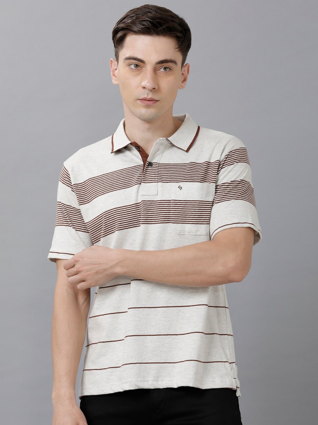 

Classic Polo Men Off White & Brown Striped Polo Collar T-shirt