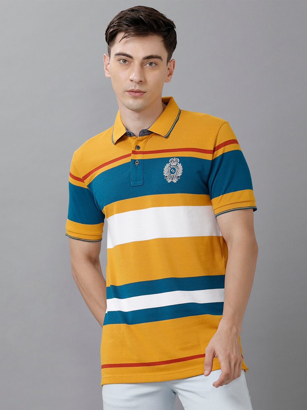 

Classic Polo Men Mustard Yellow & Blue Striped Polo Collar Slim Fit T-shirt