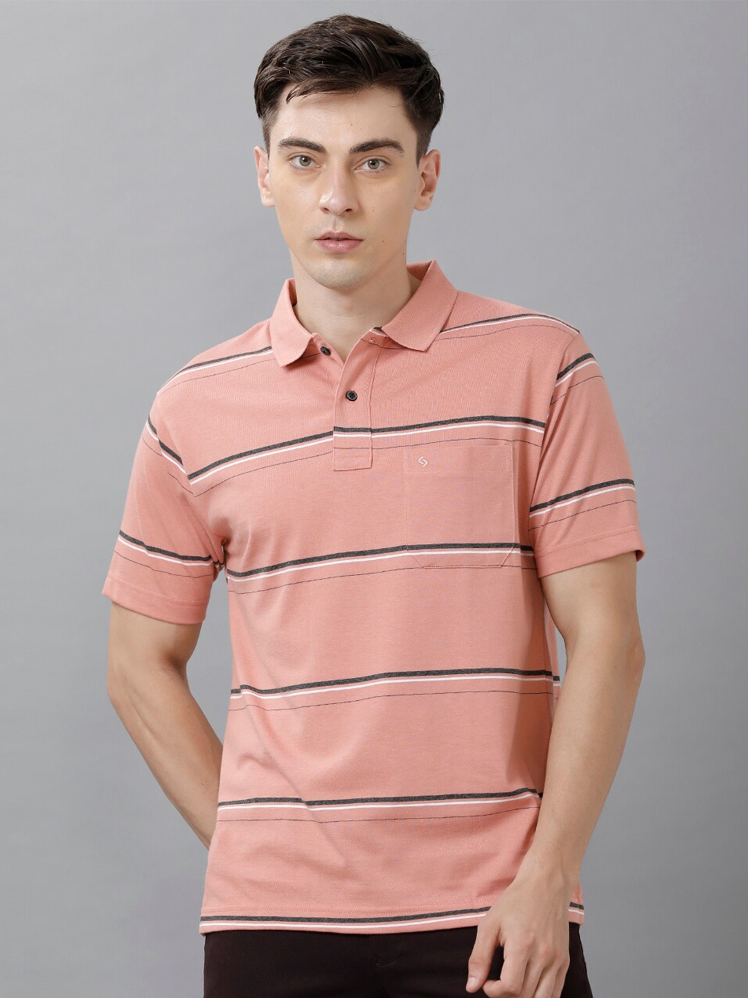 

Classic Polo Men Pink Striped Polo Collar T-shirt