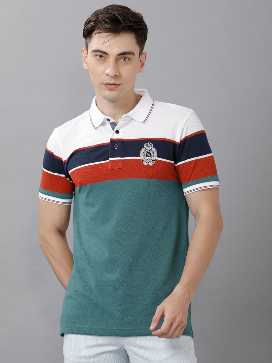 

Classic Polo Men Turquoise Blue & White Colourblocked Polo Collar Slim Fit T-shirt