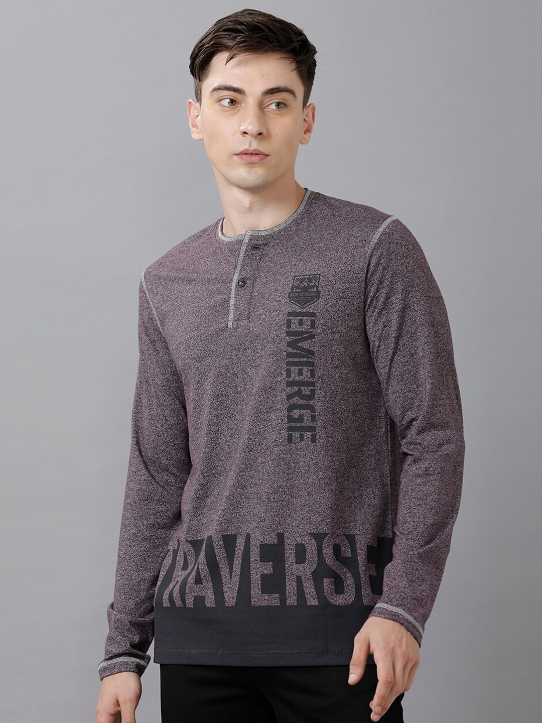 

Classic Polo Men Grey Typography Printed Henley Neck Slim Fit T-shirt