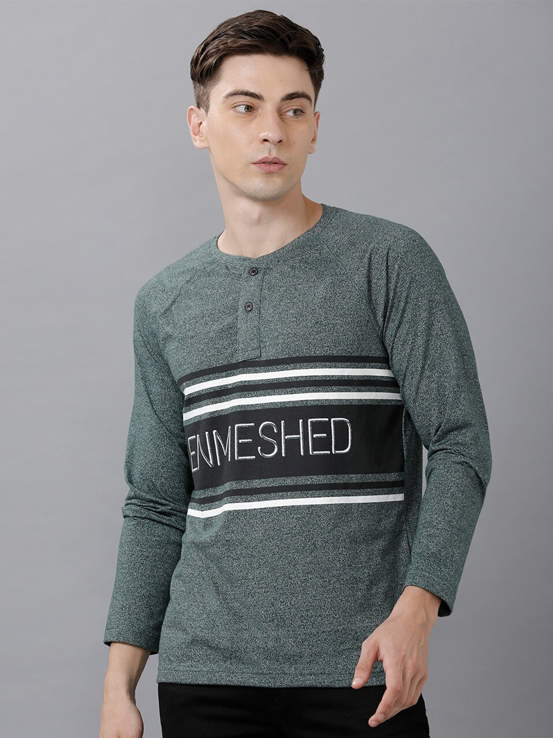 

Classic Polo Men Green Typography Printed Henley Neck Slim Fit T-shirt