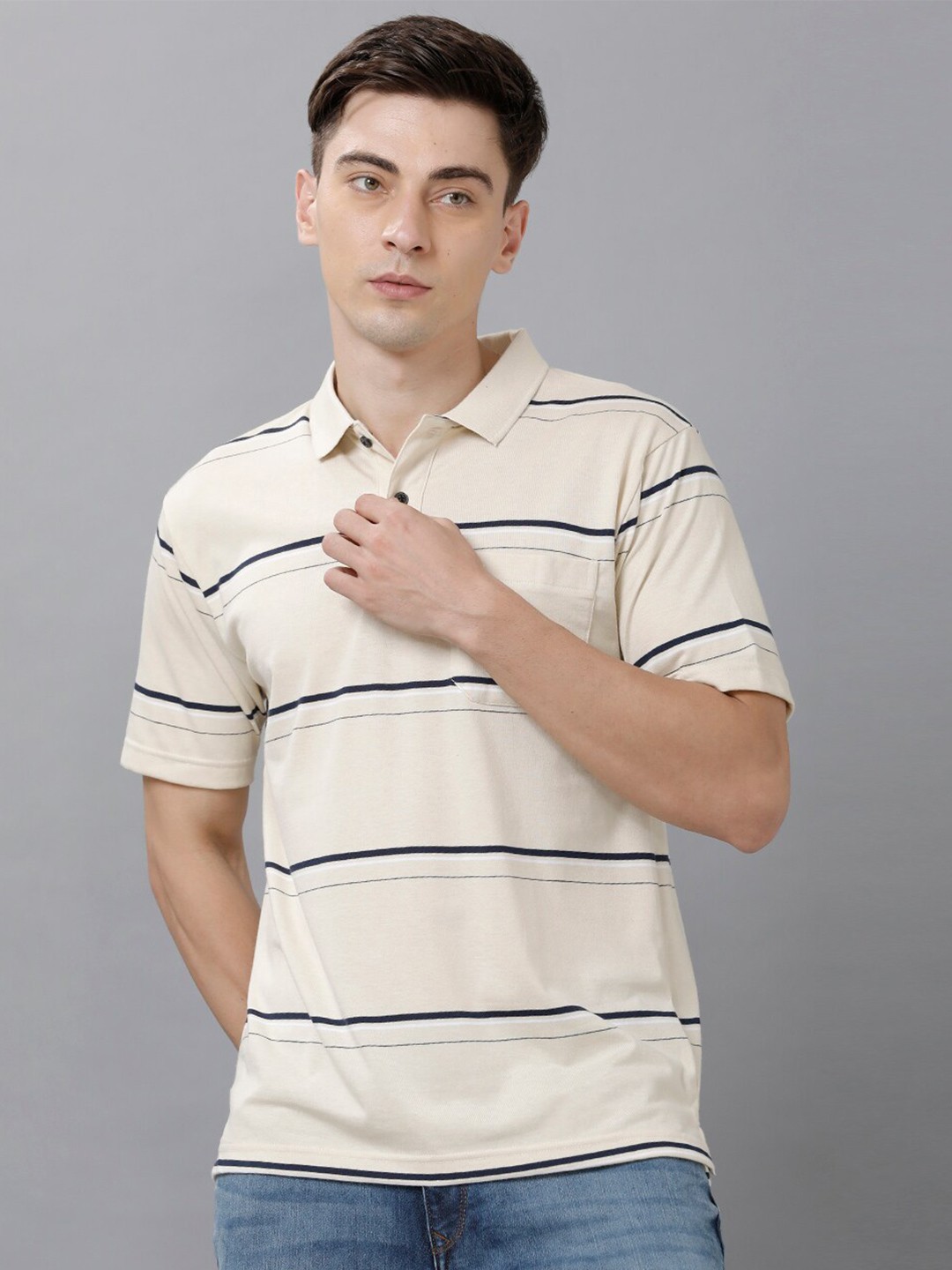 

Classic Polo Men White Printed Striped Polo Collar T-shirt