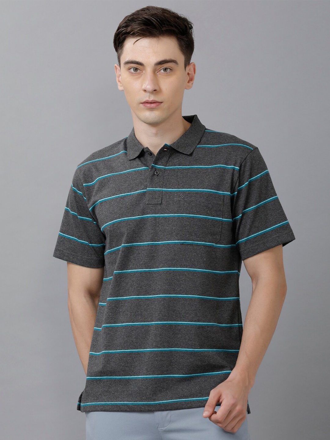 

Classic Polo Men Grey & Blue Striped Polo Collar T-shirt