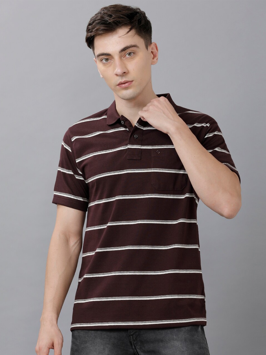 

Classic Polo Men Brown Printed Striped Polo Collar T-shirt