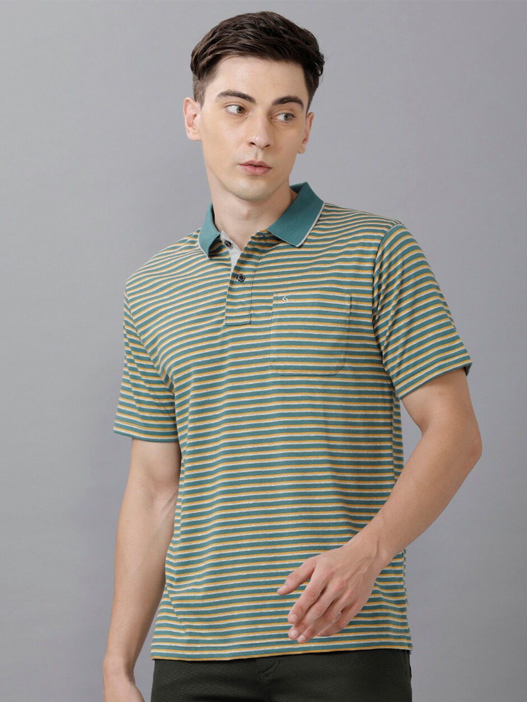 

Classic Polo Men Green Striped Polo Collar Regular Fit T-shirt
