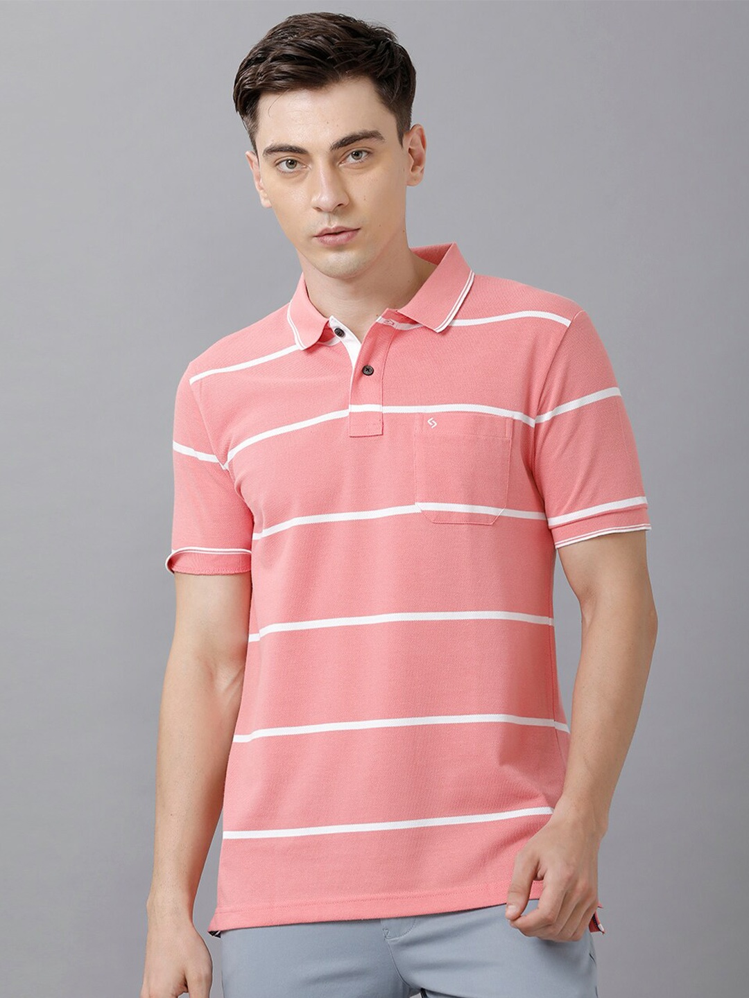

Classic Polo Men Pink & White Striped Polo Collar Slim Fit Cotton T-shirt