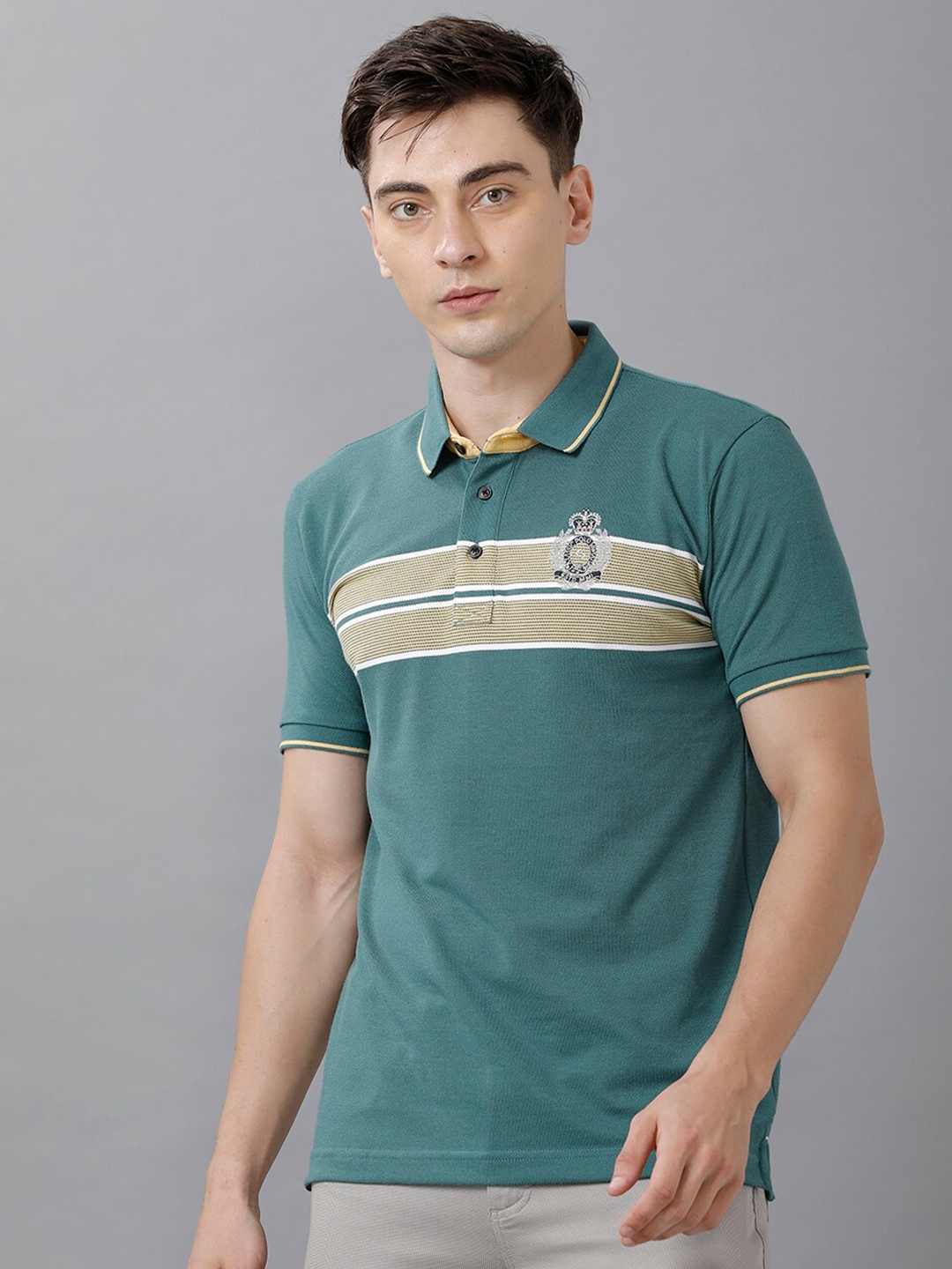 

Classic Polo Men Green & Beige Striped Polo Collar Slim Fit T-shirt