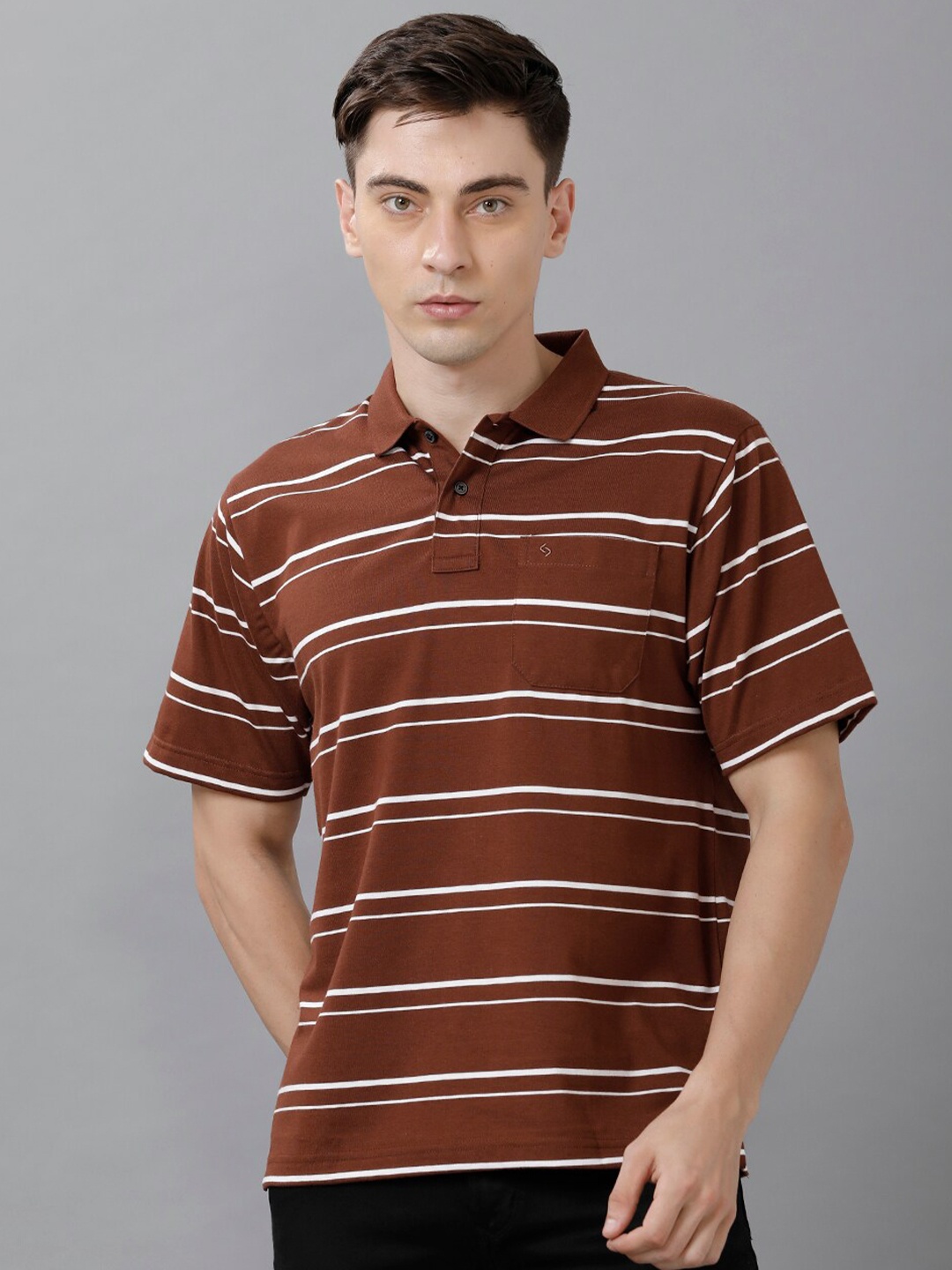 

Classic Polo Men Brown & White Striped Polo Collar T-shirt