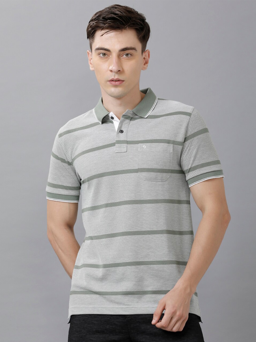 

Classic Polo Men Grey Striped Polo Collar Slim Fit T-shirt