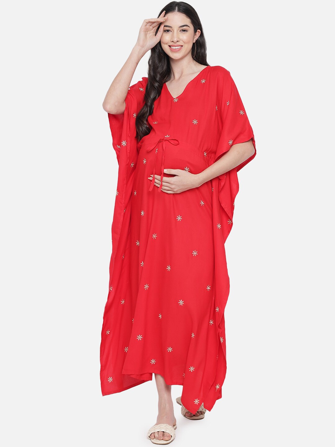 

Aujjessa Red Floral Embroidered Maternity Kaftan Maxi Dress