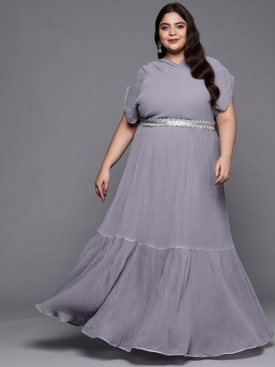 

INDDUS PLUS Women Plus Size Solid Pleated Belted Maxi Dress, Lavender