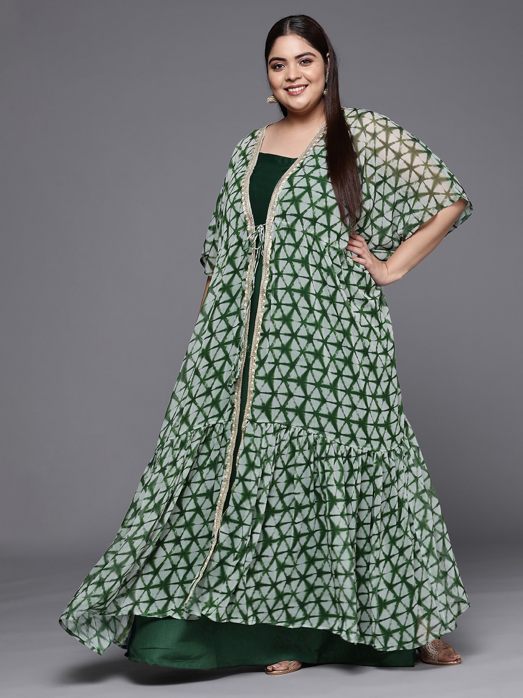 

INDDUS PLUS Tie and Dye Layered Plus Size Maxi Dress with Jacket, Green