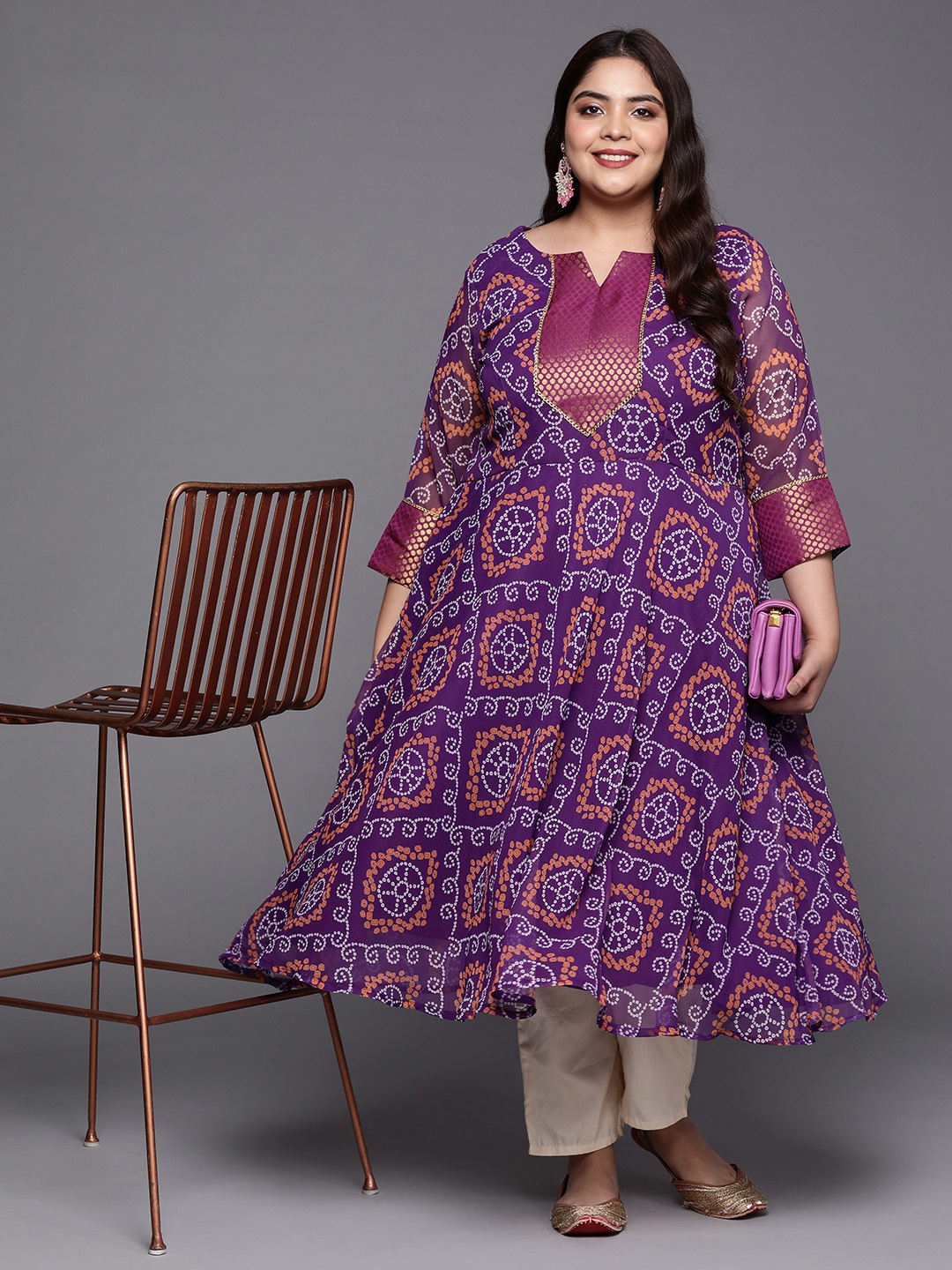 

INDDUS PLUS Women Bandhani Printed Plus Size Kurta, Purple