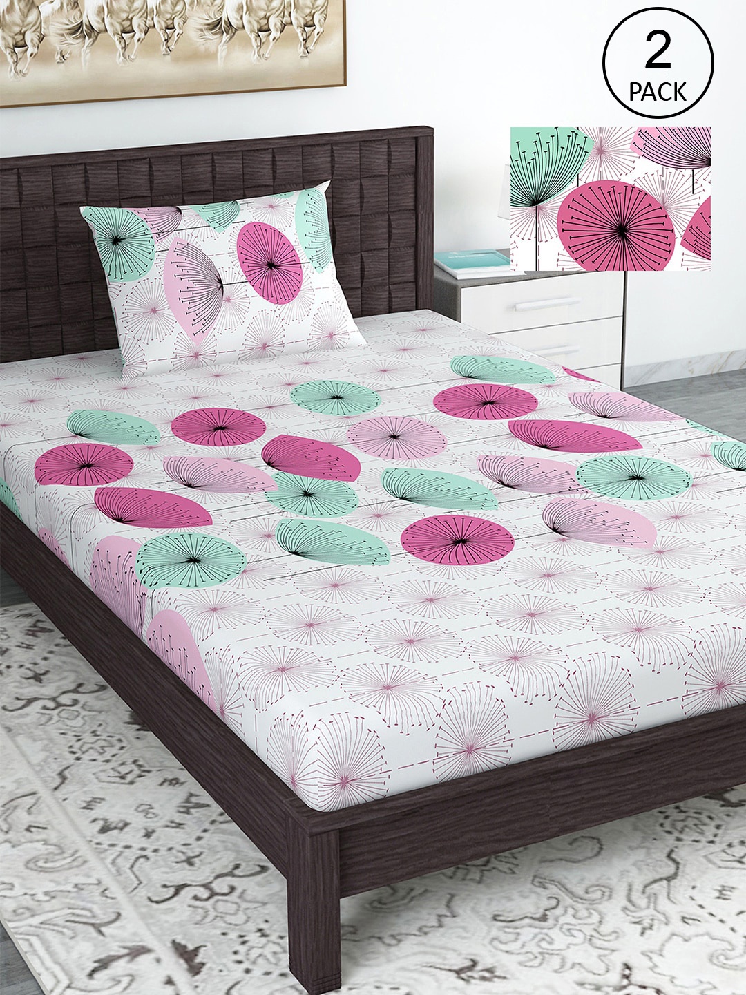 

Divine Casa Pink & White 144 TC Cotton Pink Floral 2 Single Bedsheet with 2 Pillowcover