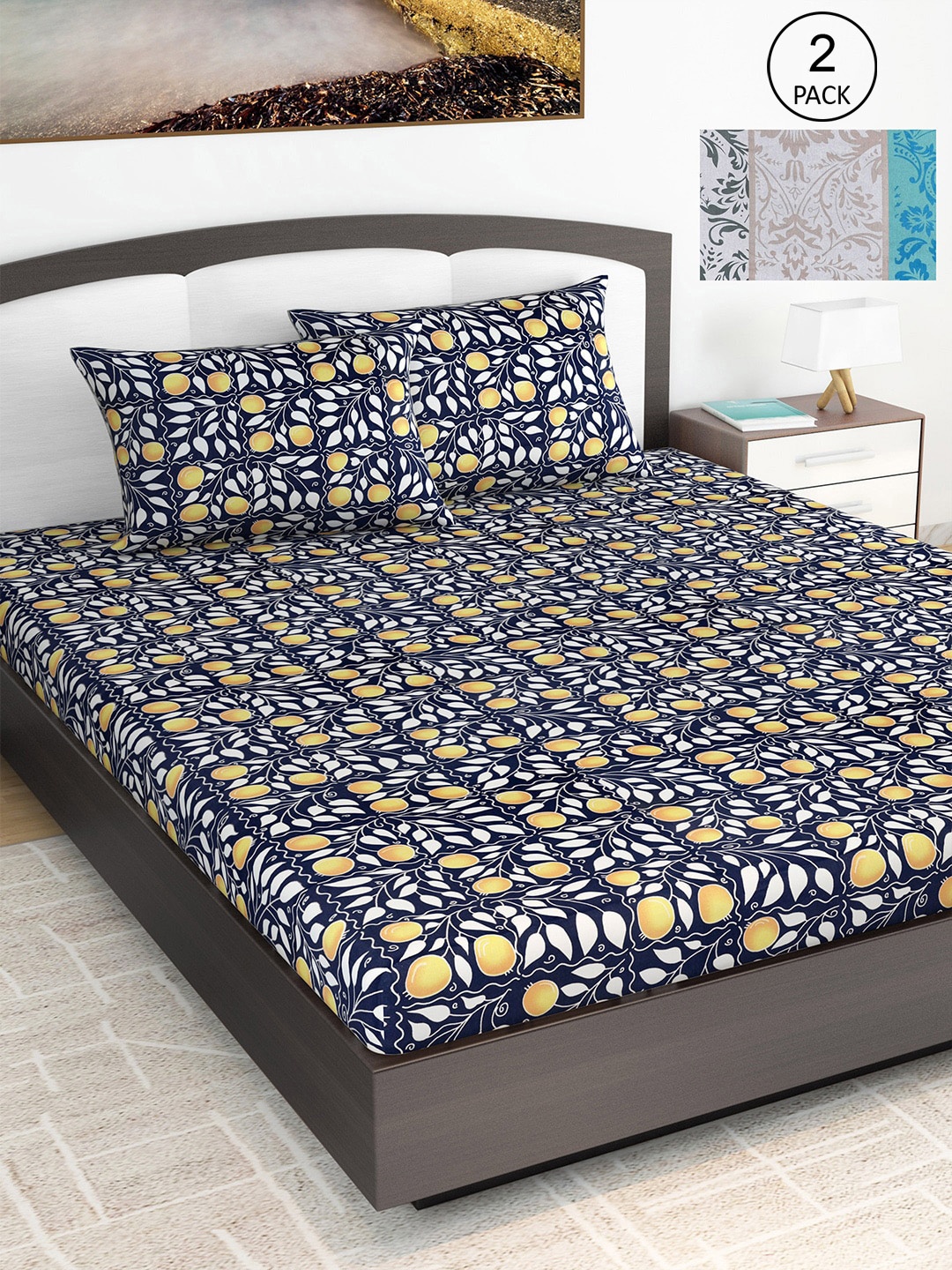 

Divine Casa Navy Blue 144 TC Cotton Navy Blue Floral 2 King Bedsheet with 4 Pillowcover