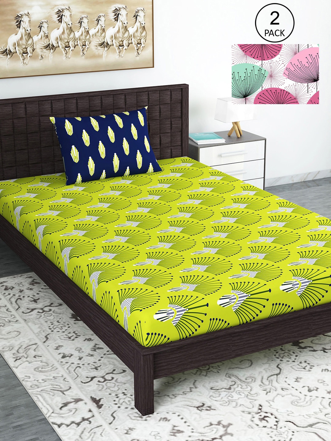 

Divine Casa Green 144 TC Cotton Floral 2 Single Bedsheet with 2 Pillowcover