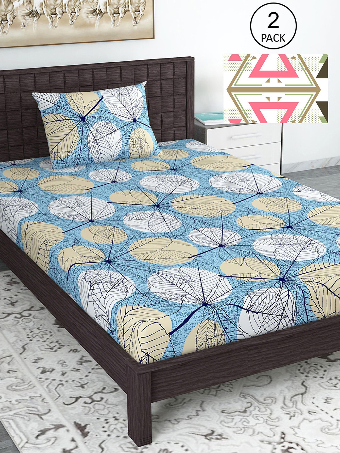 

Divine Casa Blue 144 TC Cotton Floral 2 Single Bedsheet with 2 Pillowcover
