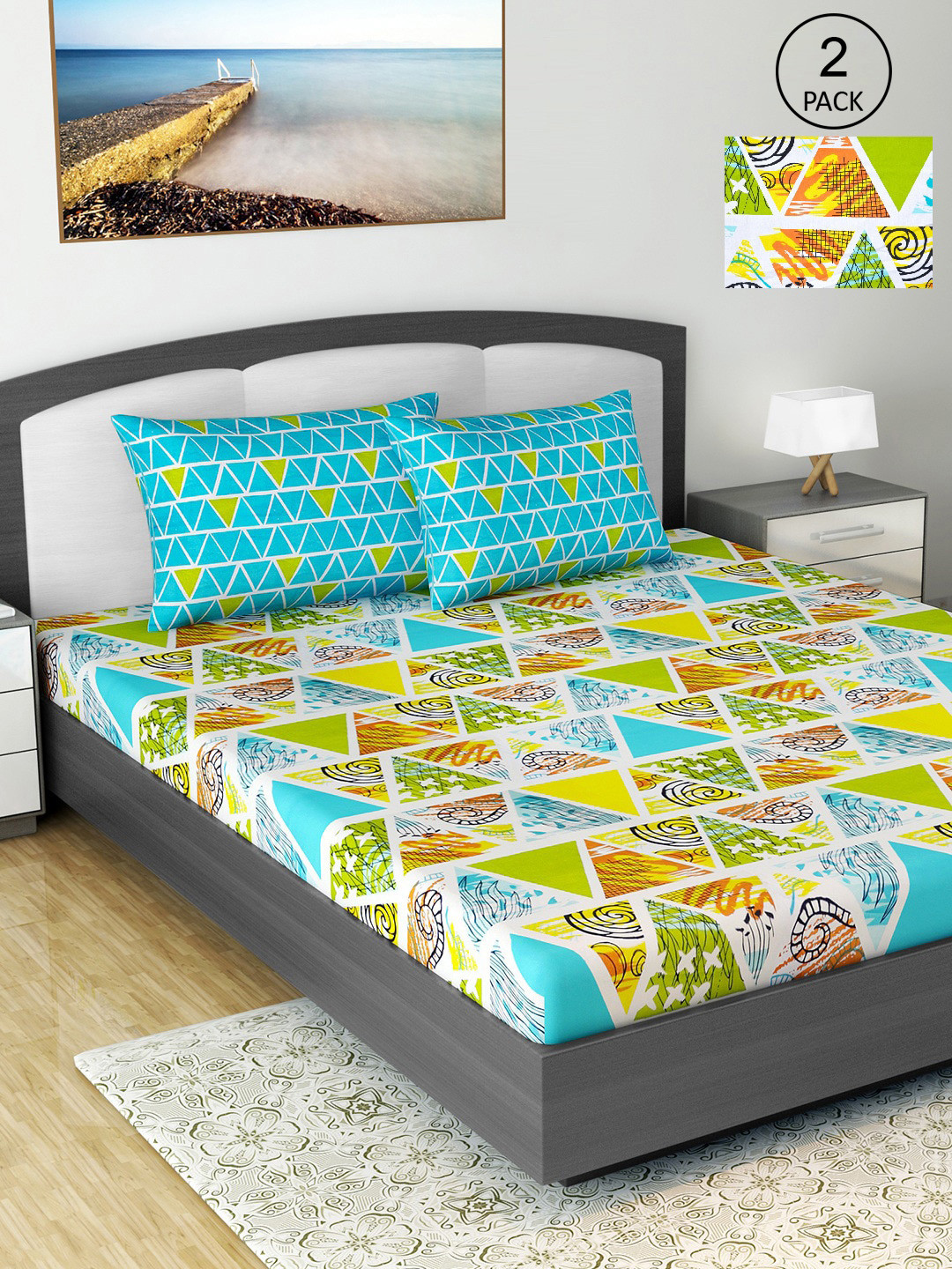 

Divine Casa Turquoise Blue 144 TC Cotton Floral 2 Double Bedsheet with 4 Pillowcover