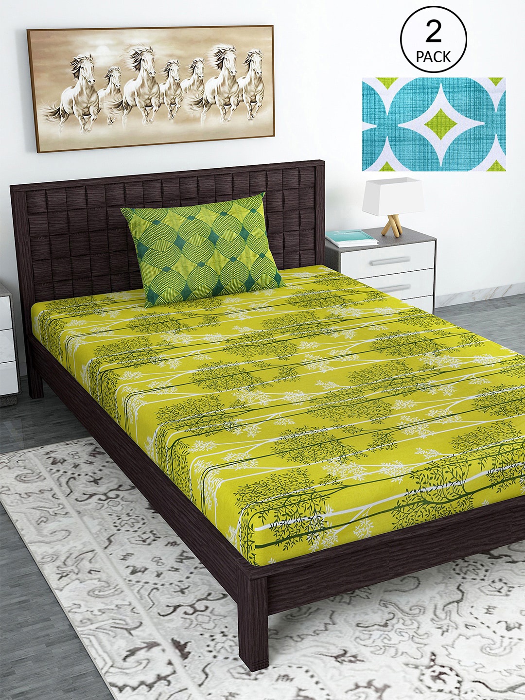 

Divine Casa Green 144 TC Cotton Floral 2 Single Bedsheet with 2 Pillowcover