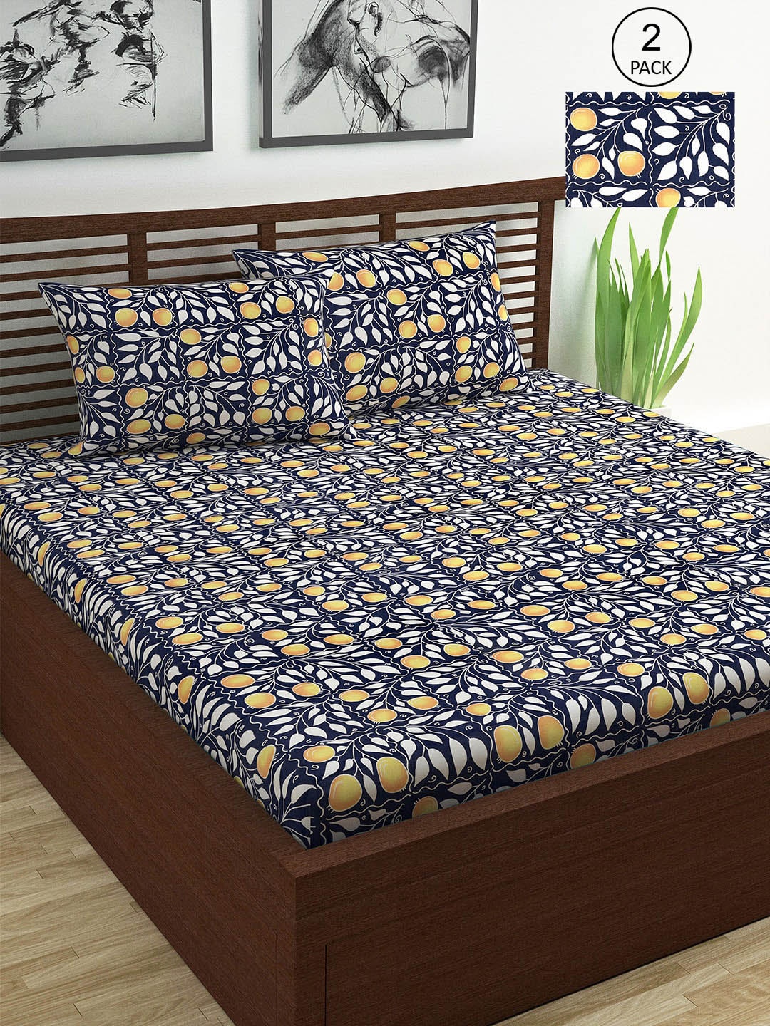 

Divine Casa Navy Blue 144 TC Cotton Floral 2 Double Bedsheet with 4 Pillowcover