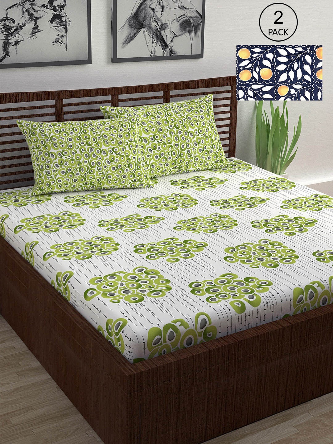 

Divine Casa Green 144 TC Cotton Floral 2 Double Bedsheet with 4 Pillowcover