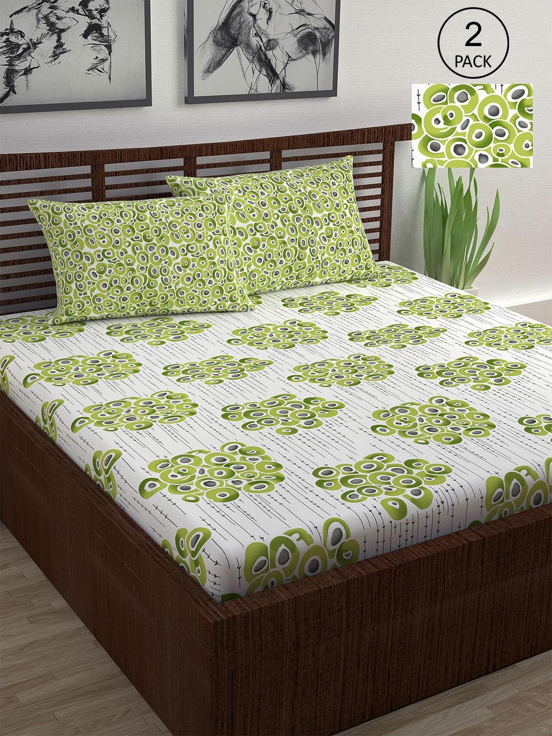

Divine Casa Green 144 TC Cotton Floral 2 Double Bedsheet with 4 Pillowcover