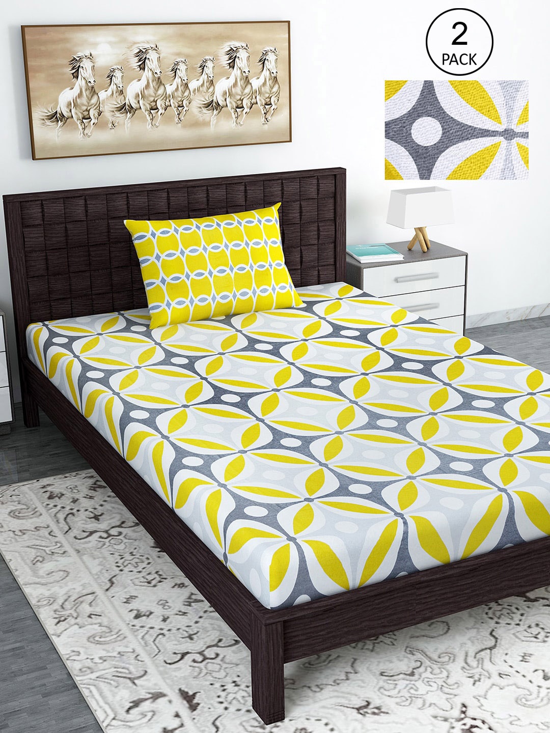 

Divine Casa Yellow 144 TC Cotton Floral 2 Single Bedsheet with 2 Pillowcover
