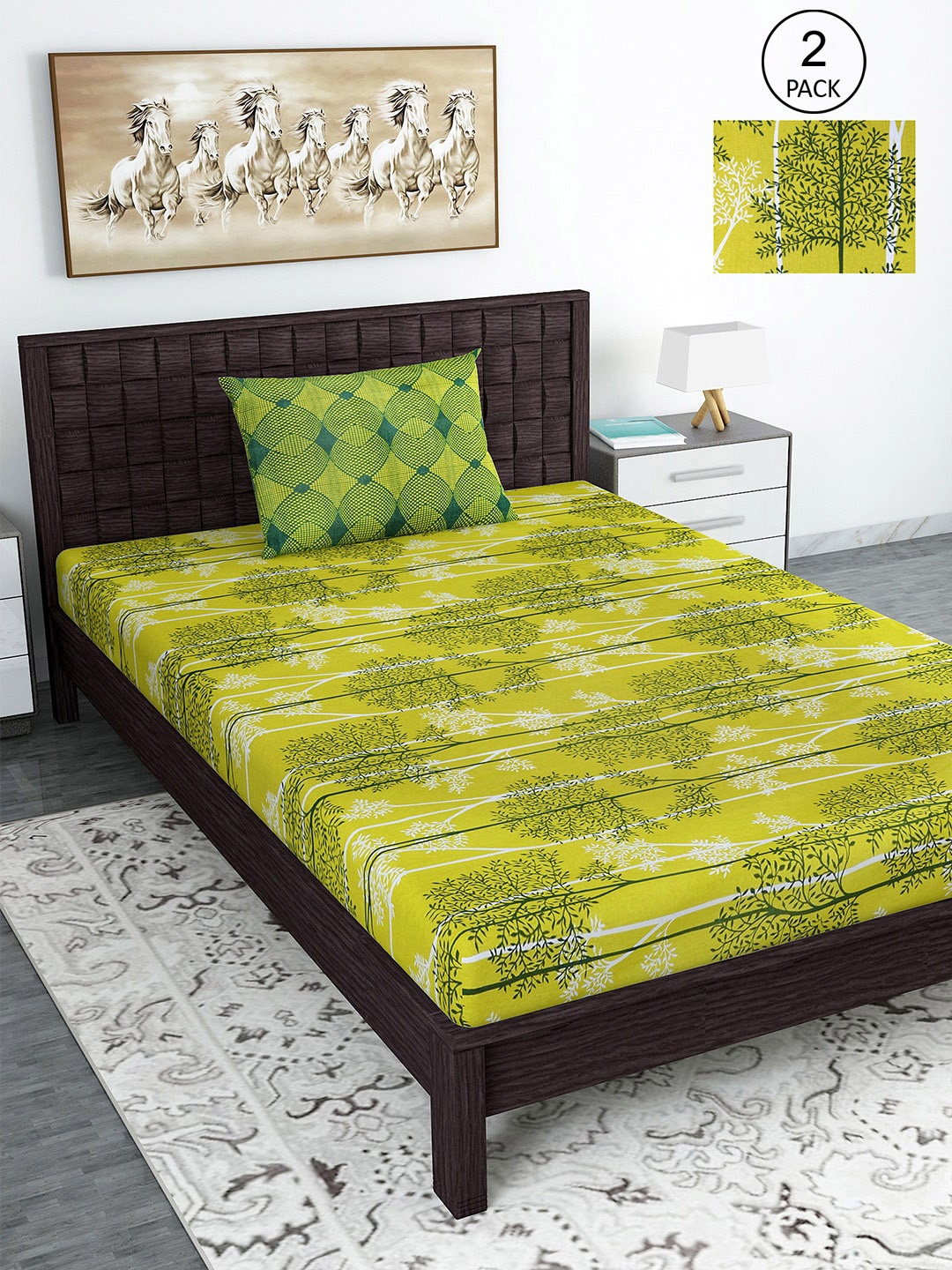 

Divine Casa Green 144 TC Cotton Floral 2 Single Bedsheet with 2 Pillowcover